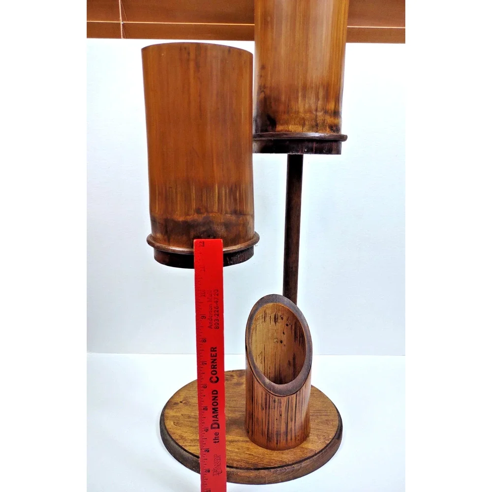 MCM Natural Bamboo Ikebana Teak Triple Candelabra Candle Holder 24